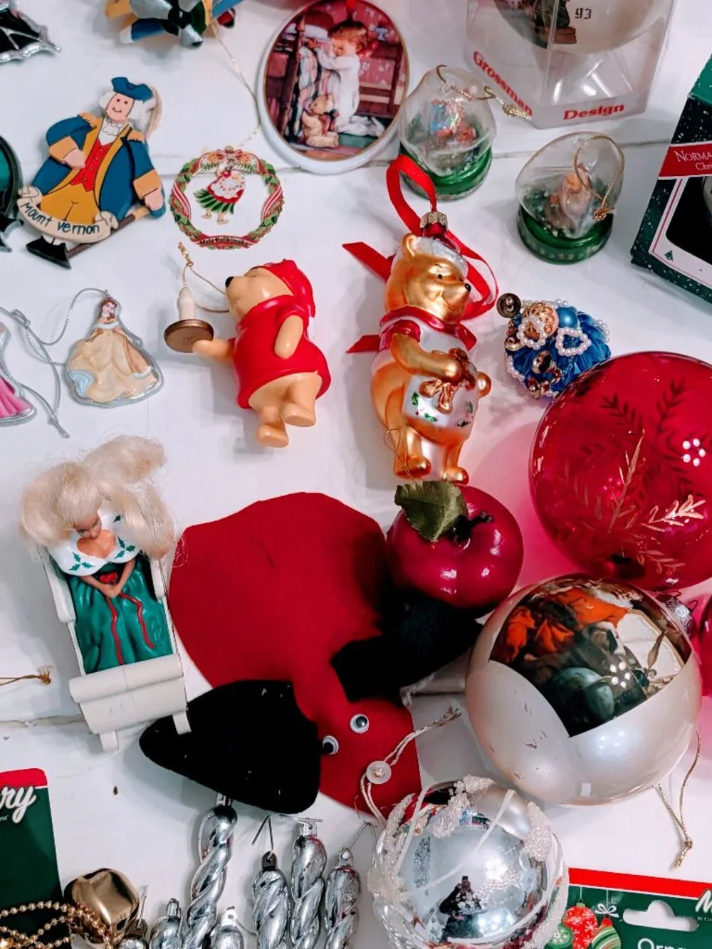 Lot of 68 VTG Christmas Ornaments 80s 90s Santa Disney Pooh Barbie Angels Retro